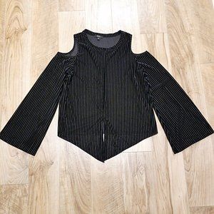 Very J Black Raised Velour Striped Cold Shoulder Top S Mesh Bell Sleeve High Low